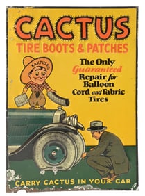CACTUS TIRE BOOTS AND PATCHES EMBOSSED TIN SIGN W/ CAR & COWBOY GRAPHIC.