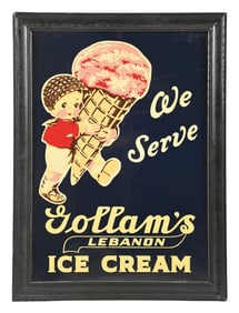 WE SERVE GOLLAM'S ICE CREAM TIN SIGN W/ CONE & BABY GRAPHIC.