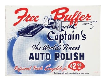 CAPTAINS AUTO POLISH NOS TIN SIGN W/ CAR GRAPHIC.