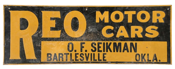 REO MOTOR CARS EMBOSSED TIN SIGN.