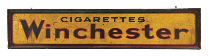 WINCHESTER CIGARETTES TIN SIGN W/ ORIGINAL WOOD FRAME.