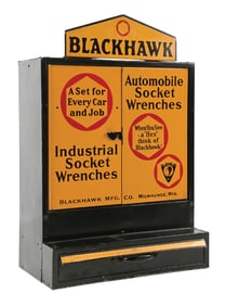 BLACKHAWK SOCKET WRENCHES TIN STORE DISPLAY CABINET.