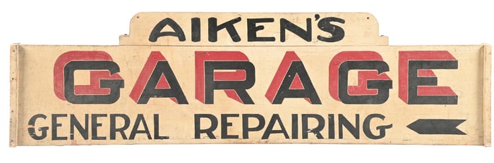 AIKEN'S GARAGE & GENERAL REPAIRING HAND PAINTED WOOD SIGN.