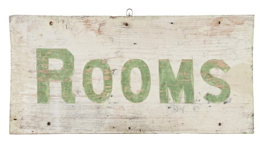 ROOMS HAND PAINTED WOOD TOURISTS ROADSIDE SIGN.