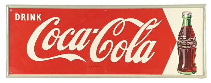 DRINK COCA COLA TIN SIGN W/ BOTTLE GRAPHIC & SELF FRAMED OUTER EDGE.