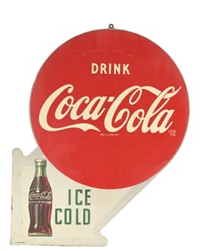 DRINK ICE COLD COCA COLA TIN FLANGE SIGN W/ BOTTLE GRAPHIC.