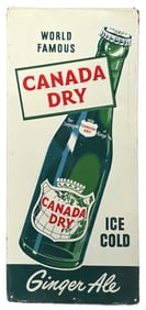 CANADA DRY GINGER ALE EMBOSSED TIN SIGN W/ BOTTLE GRAPHIC.