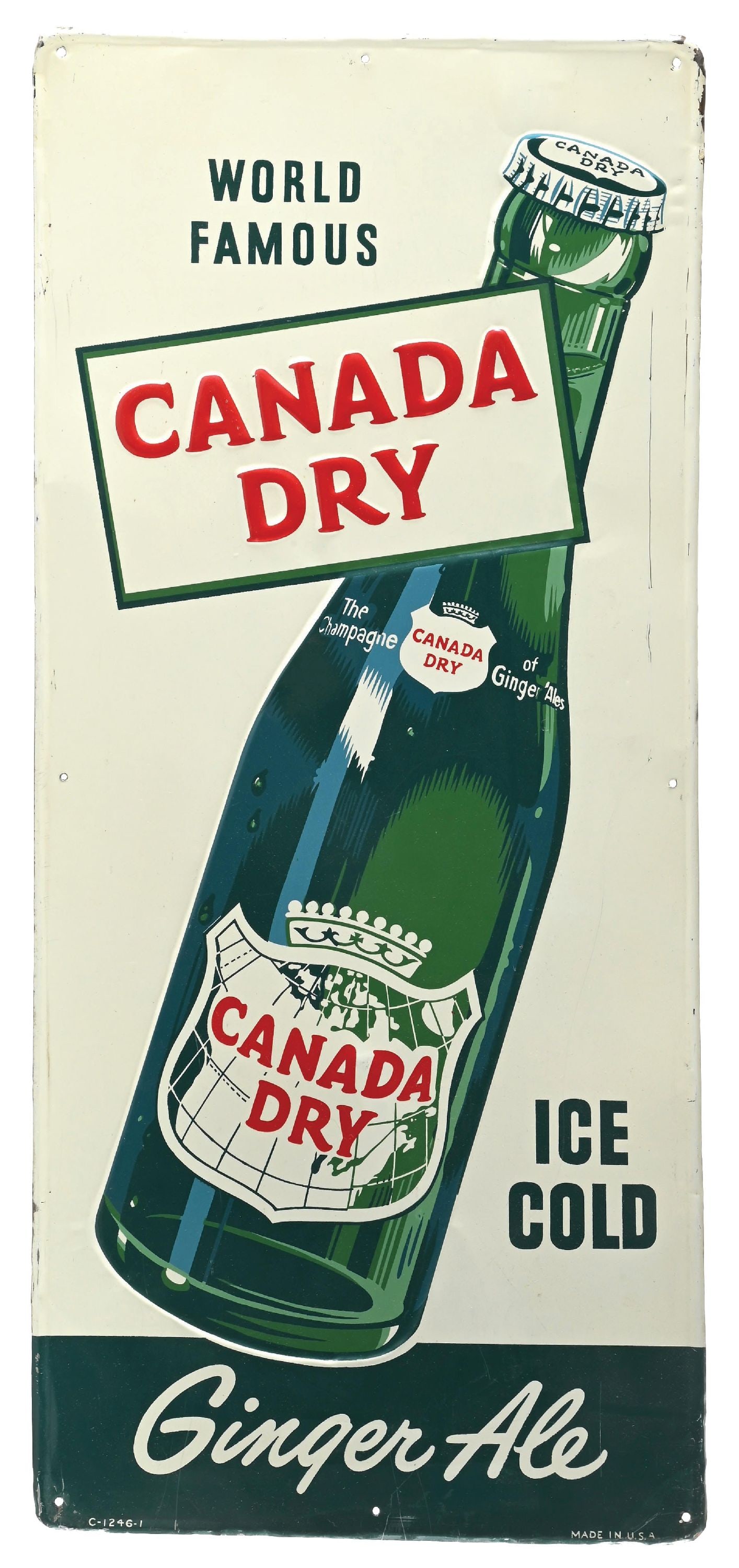 CANADA DRY GINGER ALE EMBOSSED TIN SIGN W/ BOTTLE GRAPHIC. (1 of 4)