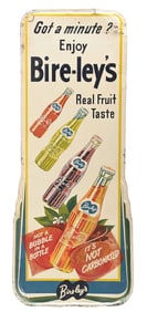 ENJOY BIRE-LEY'S SODA POP EMBOSSED TIN SIGN W/ BOTTLE GRAPHIC.