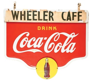 DRINK COCA COLA COMPLETE PORCELAIN CAFE SIGN W/ BOTTLE GRAPHICS.