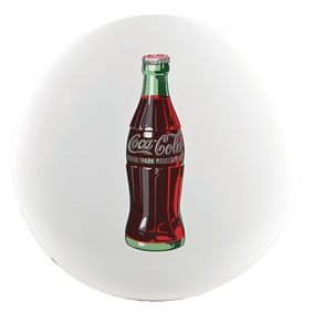 COCA COLA WHITE BUTTON PORCELAIN SIGN W/ BOTTLE GRAPHIC.