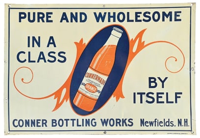 CONNERMADE ORANGE SODA EMBOSSED TIN SIGN W/ BOTTLE GRAPHIC.