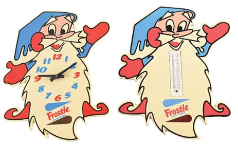 COLLECTION OF 2: FROSTIE ROOT BEER ADVERTISING CLOCK & THERMOMETER.
