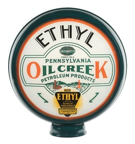 OIL CREEK ETHYL GASOLINE SINGLE 15" GLOBE LENS ON H.P. METAL BODY.