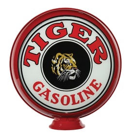 RARE & OUTSTANDING TIGER GASOLINE 15" SINGLE GLOBE LENS ON METAL HIGH PROFILE BODY.