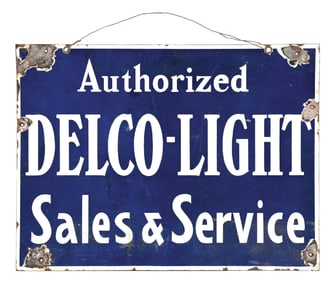 AUTHORIZED DELCO LIGHT SALES & SERVICES PORCELAIN SIGN.