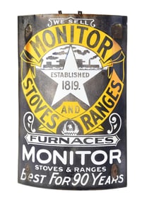 MONITOR STOVES & RANGES CURVED PORCELAIN SIGN W/ ORIGINAL IRON BRACKET.