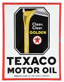 TEXACO CLEAN CLEAR & GOLDEN MOTOR OIL PORCELAIN FLANGE SIGN.