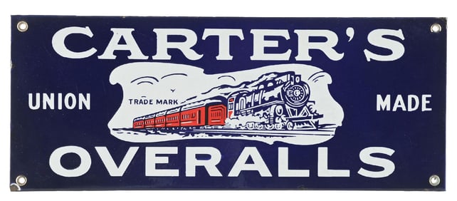 OUTSTANDING CARTER'S OVERALLS PORCELAIN SIGN W/ TRAIN GRAPHIC.