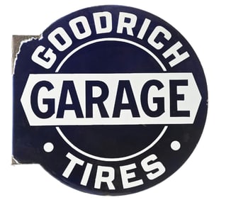 GOODRICH TIRES GARAGE PORCELAIN FLANGE SIGN.