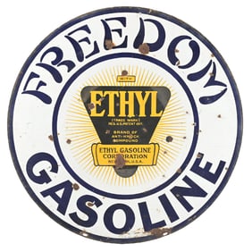 FREEDOM ETHYL GASOLINE PORCELAIN SERVICE STATION SIGN.