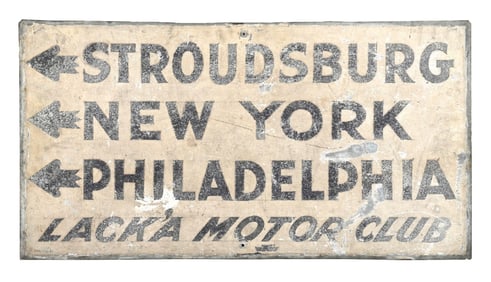LACK'A MOTOR CLUB PAINTED TIN DIRECTIONAL SIGN.