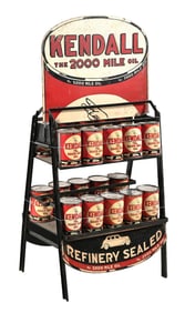KENDALL THE 2000 MILE OIL METAL DISPLAY RACK W/ TIN SIGNS & 20 ONE QUART CANS.