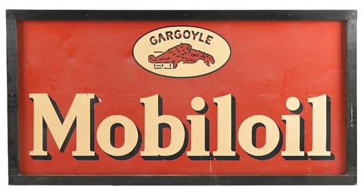 MOBILOIL TIN SERVICE STATION SIGN W/ GARGOYLE GRAPHIC.