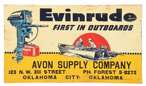 EVINRUDE FIRST IN OUTBOARDS EMBOSSED TIN SIGN W/ BOAT & MOTOR GRAPHIC.
