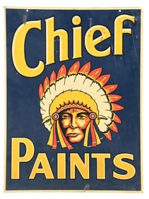 CHIEF PAINTS TIN SIGN W/ NATIVE AMERICAN & PAINT CAN GRAPHIC.