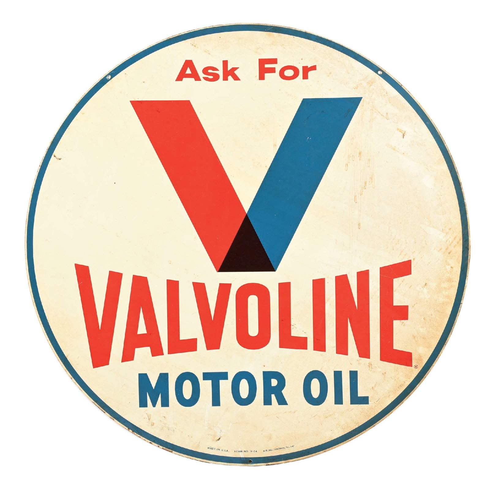 VALVOLINE MOTOR OIL TIN SERVICE STATION SIGN.: DST. Maker Marked A.M. & Dated 1967. CONDITION: Overall good showing light areas of surface scratching as well as some removable dirt staining on both sides. Mounting holes are in good condition and t