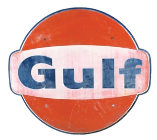 GULF GASOLINE TIN SERVICE STATION SIGN.