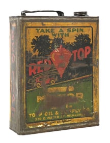 RED TOP MOTOR OIL 1 GALLON FLAT CAN W/ CAR GRAPHIC.