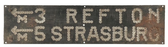 REFTON & STRASBURG DRILLED STEEL DIRECTIONAL SIGN.