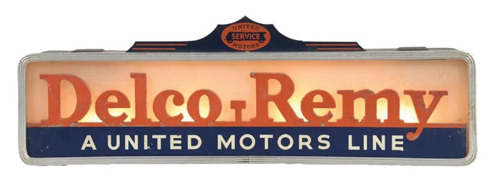 DELCO REMY LIGHT - UP STORE DISPLAY W/ UNITED MOTORS MARQUEE.