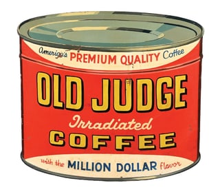 OLD JUDGE COFFEE HAND PAINTED MASONITE SIGN W/ ORIGINAL WOOD FRAMING.