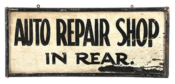 AUTO REPAIR SHOP IN REAR HAND PAINTED WOOD SIGN W/ ORIGINAL FRAME.
