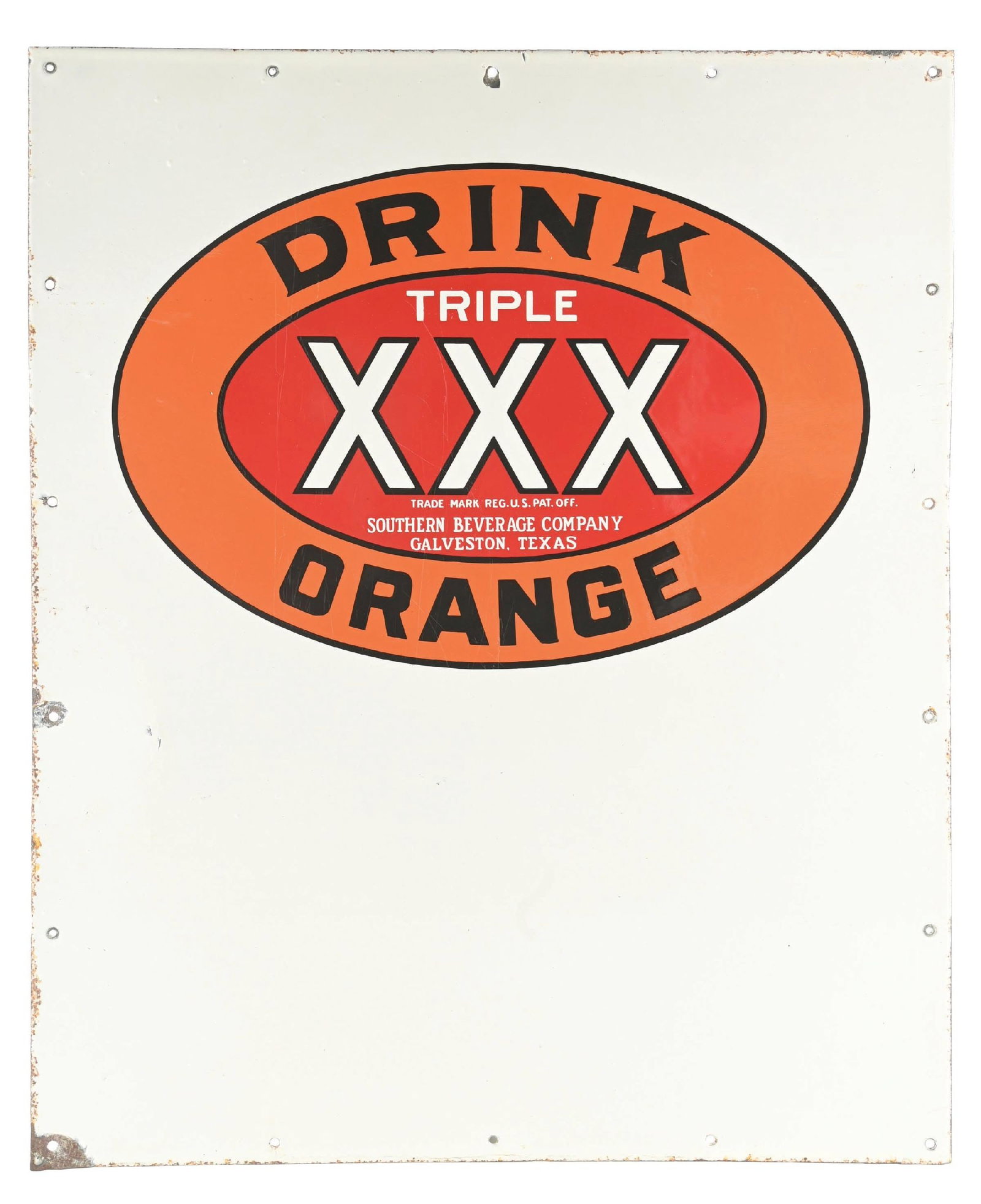 DRINK TRIPLE XXX ORANGE PORCELAIN PANEL SIGN.: SSP. C. 1930s. CONDITION: Outstanding color and gloss showing only minor areas of light surface scratching in the field as well as some minor nicks in the outer field. Light chipping at the mounting h