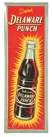 DELAWARE PUNCH EMBOSSED TIN SIGN W/ SELF FRAMED OUTER EDGE.