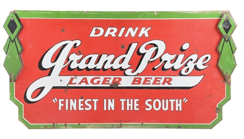 DRINK GRAND PRIZE LAGER BEER PORCELAIN SIGN W/ MARQUEE ATTACHMENTS.
