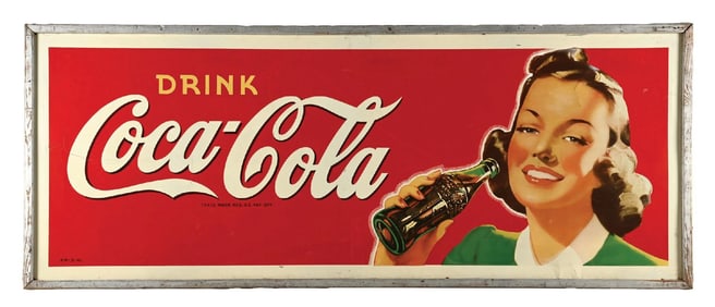 DRINK COCA-COLA FRAMED TIN SIGN W/ GIRL & BOTTLE GRAPHIC.