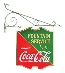 DRINK COCA-COLA FOUNTAIN SERVICE "SLASHER" PORCELAIN SIGN WITH ORIGINAL PORCELAIN BRACKET.
