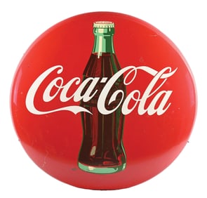 COCA COLA TIN BUTTON W/ BOTTLE GRAPHIC.