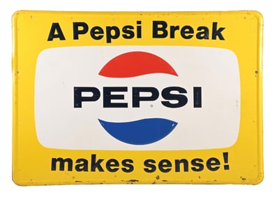 PEPSI COLA "A PEPSI BREAK MAKES SENSE!" EMBOSSED TIN SIGN.