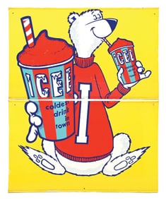 ICEE "COLDEST DRINK IN TOWN" TIN TWO PIECE SIGN W/ POLAR BEAR GRAPHIC.