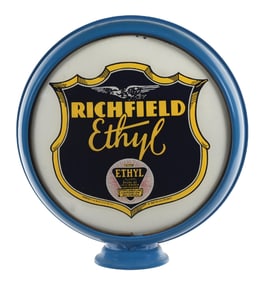 RICHFIELD ETHYL GASOLINE COMPLETE 15" GLOBE ON METAL HIGH PROFILE BODY.