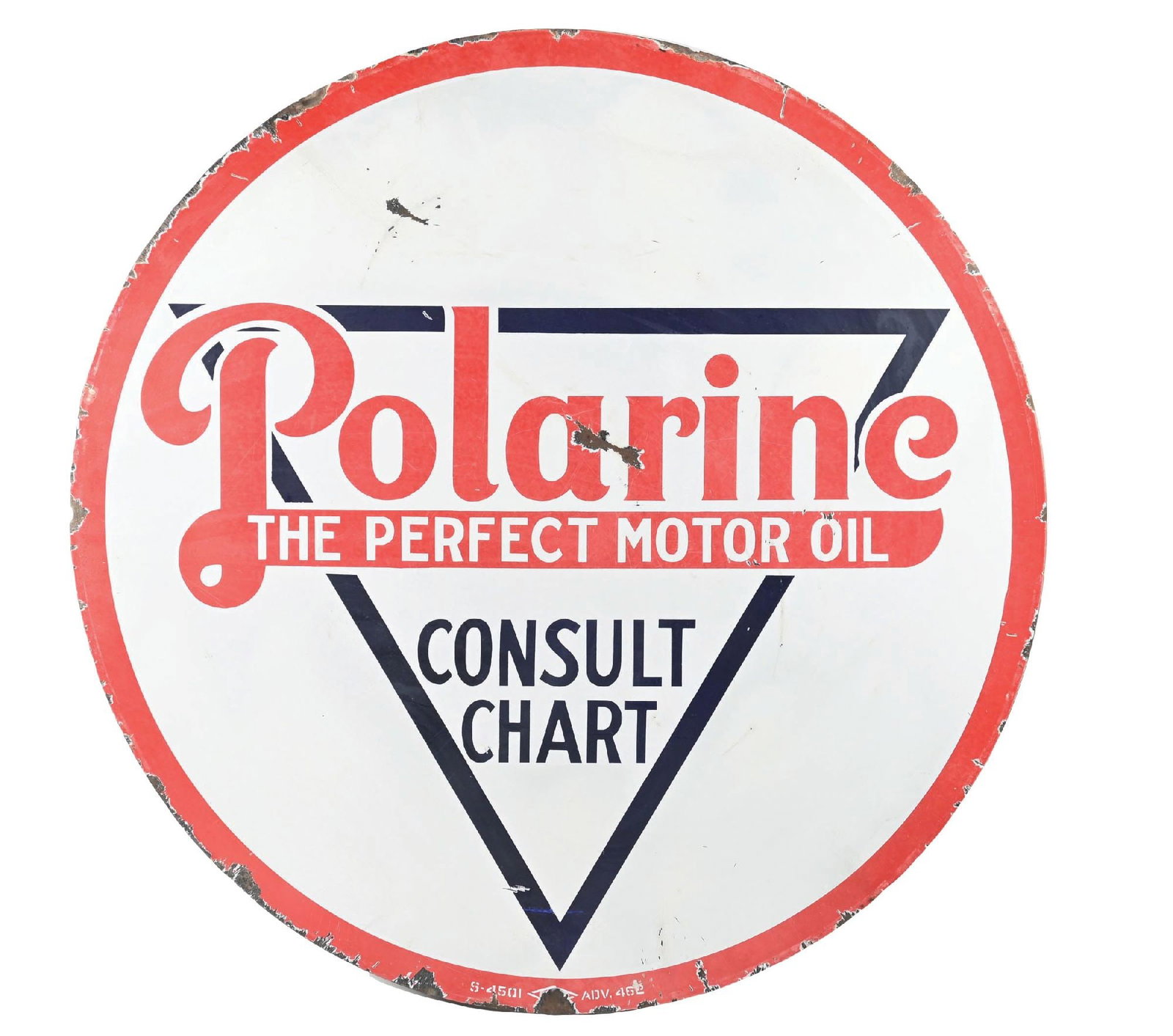 POLARINE PERFECT MOTOR OIL PORCELAIN SIGN.: SSP. C. 1930s. CONDITION: Sign shows fair color and gloss with areas of light fading in the red showing chipping in the inner and outer field as well as surface scratching. Outer edge showing moderate