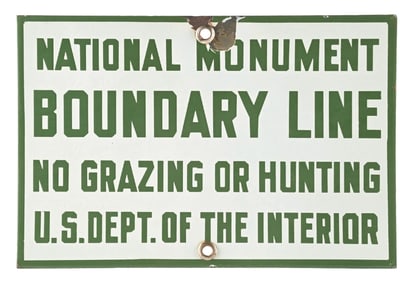 U.S. DEPARTMENT OF THE INTERIOR BOUNDARY LINE PORCELAIN SIGN.