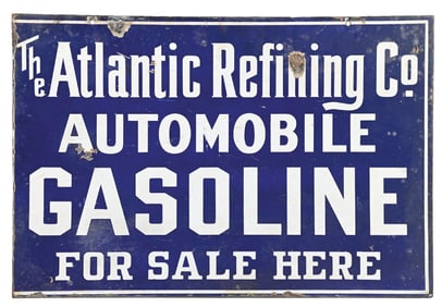 THE ATLANTIC REFINING COMPANY AUTO GASOLINE FOR SALE HERE PORCELAIN SIGN.
