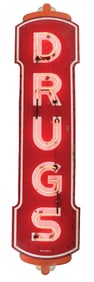 DRUGS PORCELAIN NEON SIGN W/ MARQUEE TOP & BOTTOM ATTACHMENTS.